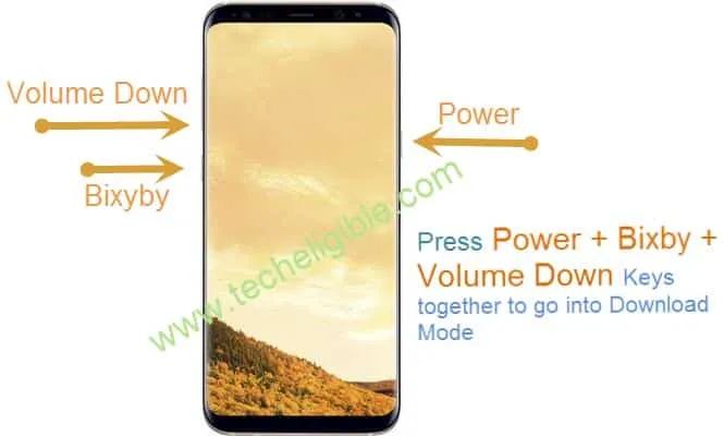 Press Volume UP and Power Key and Bixby key to get into Download Mode