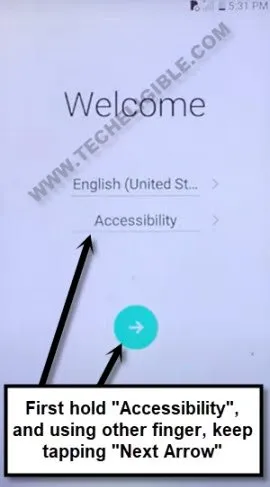 hit both accessibility and next option at same time to bypass google account LG Aristo MS210 Android 7