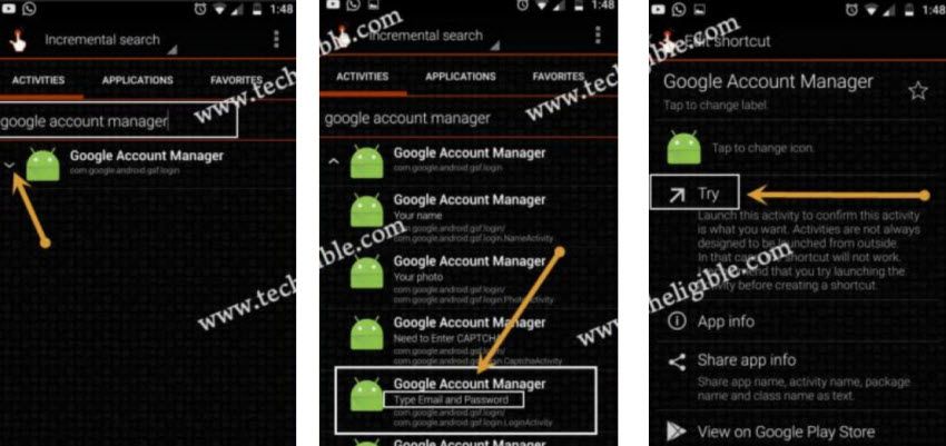 Open google account manager with type email and password for frp Huawei GR3