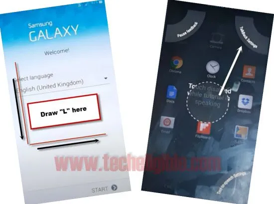 Bypass Google Account Galaxy S5 Without PC, tap on talkback settings