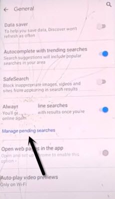 tap on manage pending searches to bypass google frp galaxy s8