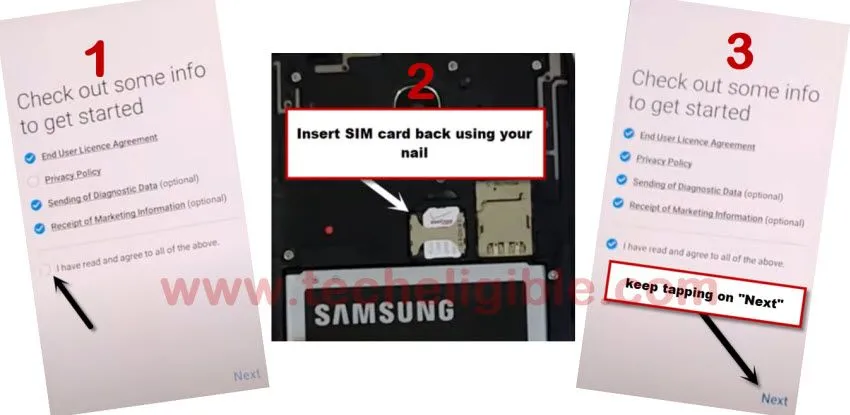 tap on next after inserting sim card for Google Account Bypass Galaxy J4