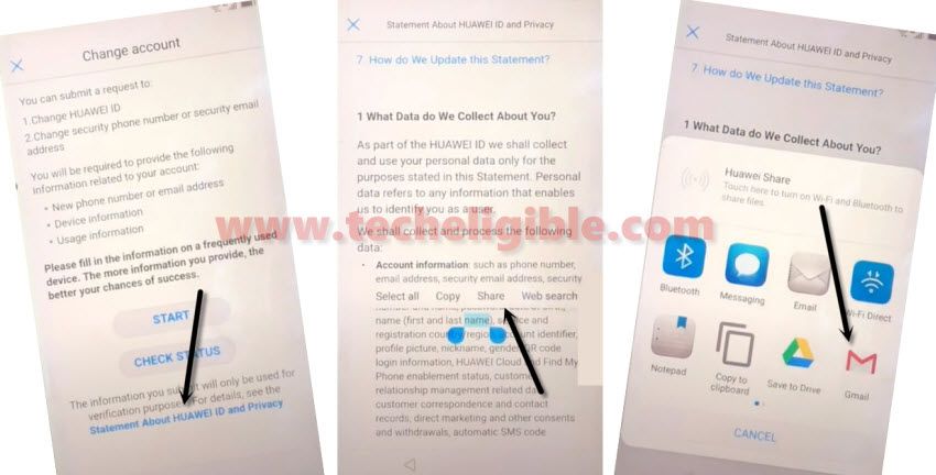 access to gmail by long tap any text to bypass frp huawei nova 2 plus