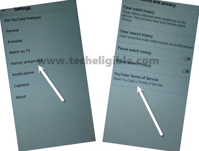 Tap on Youtube History and Privacy Policy to bypass frp Galaxy M01