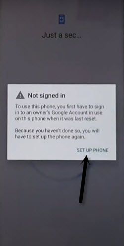tap on setup phone from not signed in popup widnow to bypass frp redmi note 9