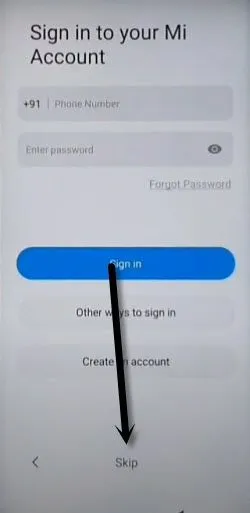 tap to skip from Sign in to your Mi Account screen