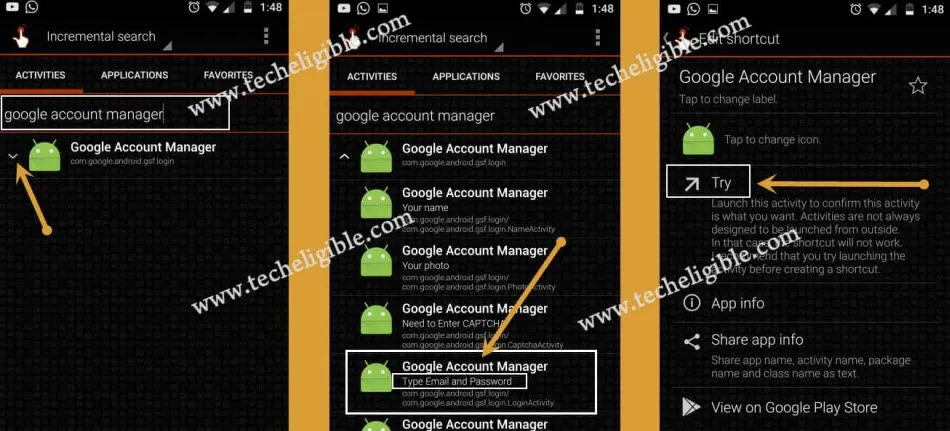 open google account manager in quick shortcut maker app to bypass google account frp