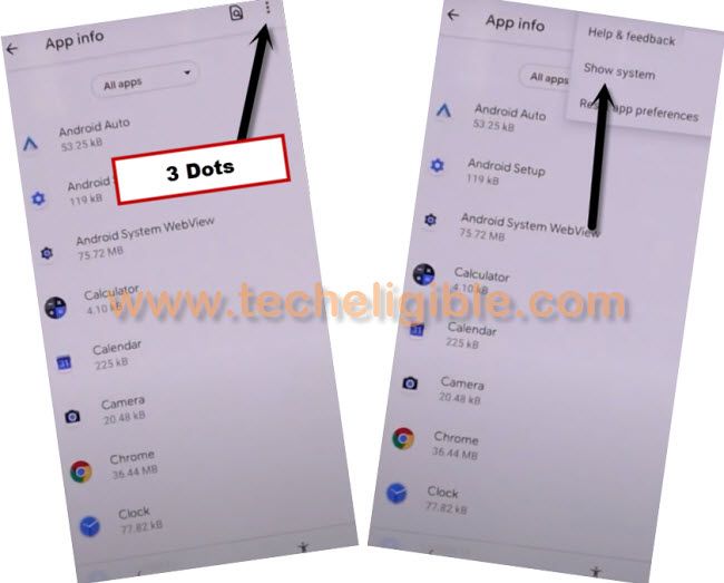 tap on show system from 3 dots to bypass frp Nokia C30