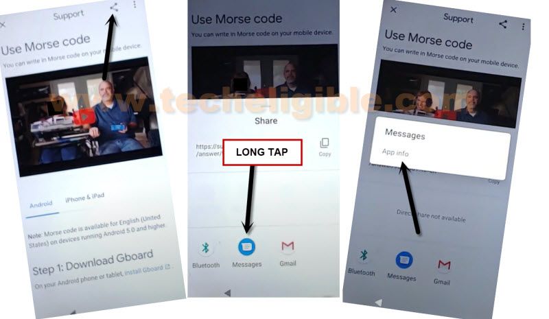 long tap message icon after hitting on share arrow to bypass frp moto android 10
