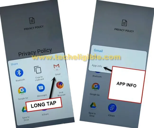 Long tap gmail icon to get app info on Tecno Spark Go Plus FRP Remove