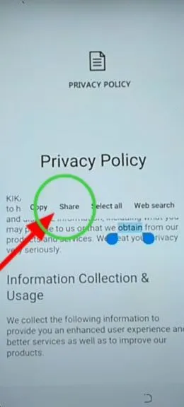 tap to share from privacy policy