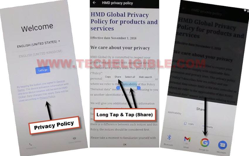 go to privacy policy from welcome to bypass frp nokia C20