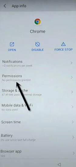 tap on permission from chrome screen