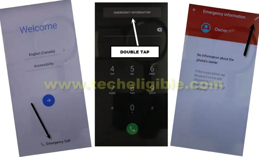 Double tap emergency information to bypass google account LG K32