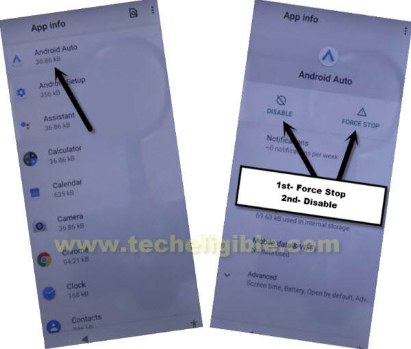 disable and force stop Android Auto to bypass google account LG K32