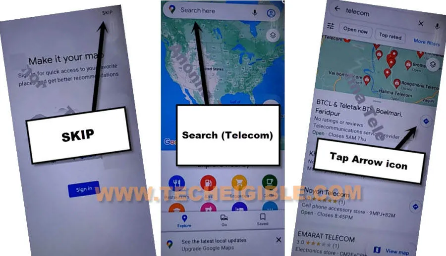search telecom in google map to bypass google account all tecno android 11