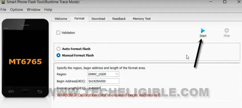 click to start button from sp flash tool to Bypass FRP Galaxy A03s