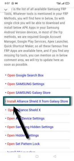 install alliance shield x from galaxy store to bypass frp Galaxy A13