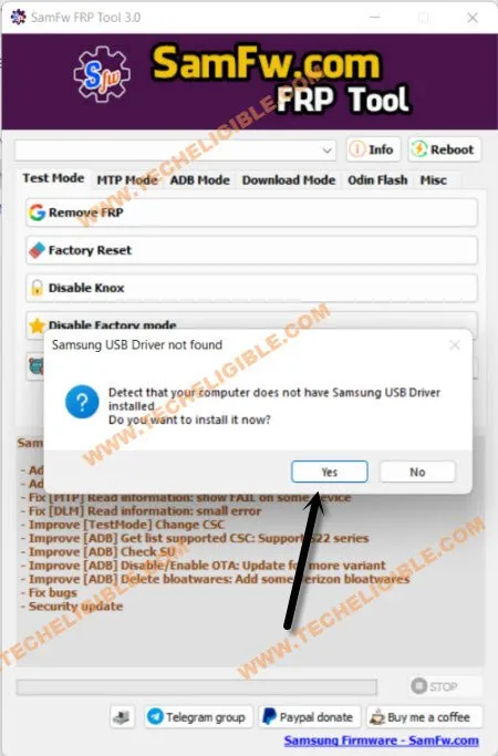 Download Samfw frp tool to bypass frp and install usb driver