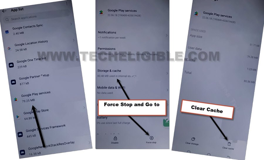 Go storage and cache google play services to bypass frp tecno spark 9