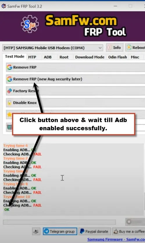 Click to remove frp button to bypass frp galaxy A53