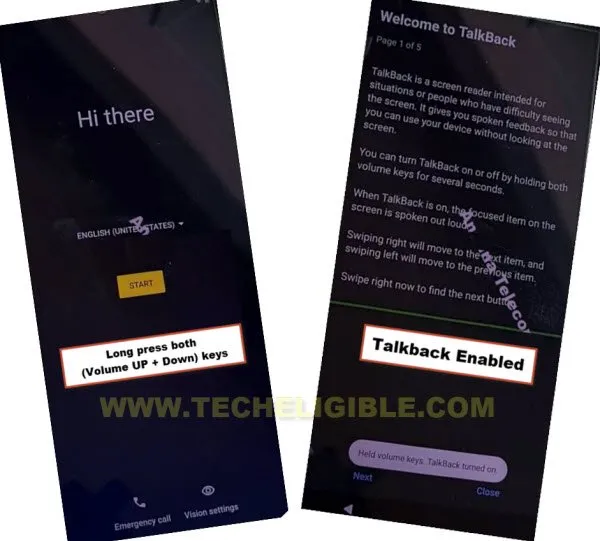 Long hold volume keys to turn on talkback feature to remove frp Moto G72