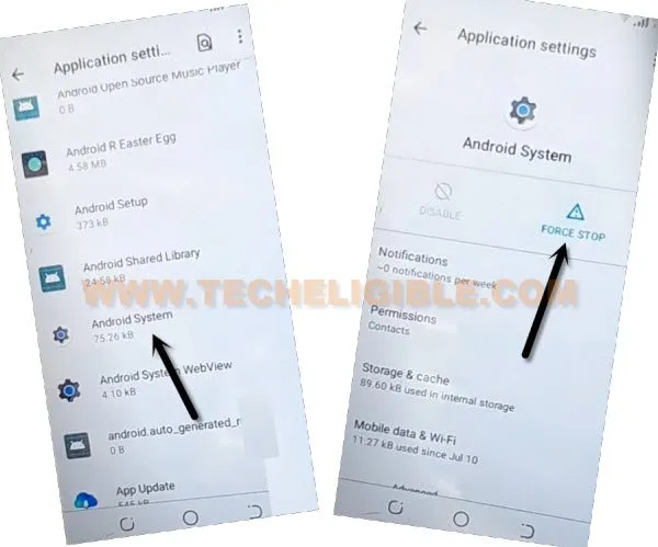 Force Stop Android System app to bypass frp Tecno POP 2 F