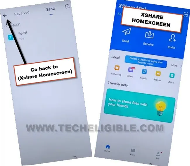 Go back on Xshare homescreen to bypass frp all tecno Android 12