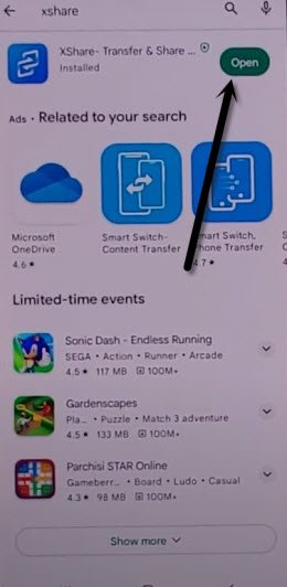 install and open xshare app in other android device to bypass frp tecno