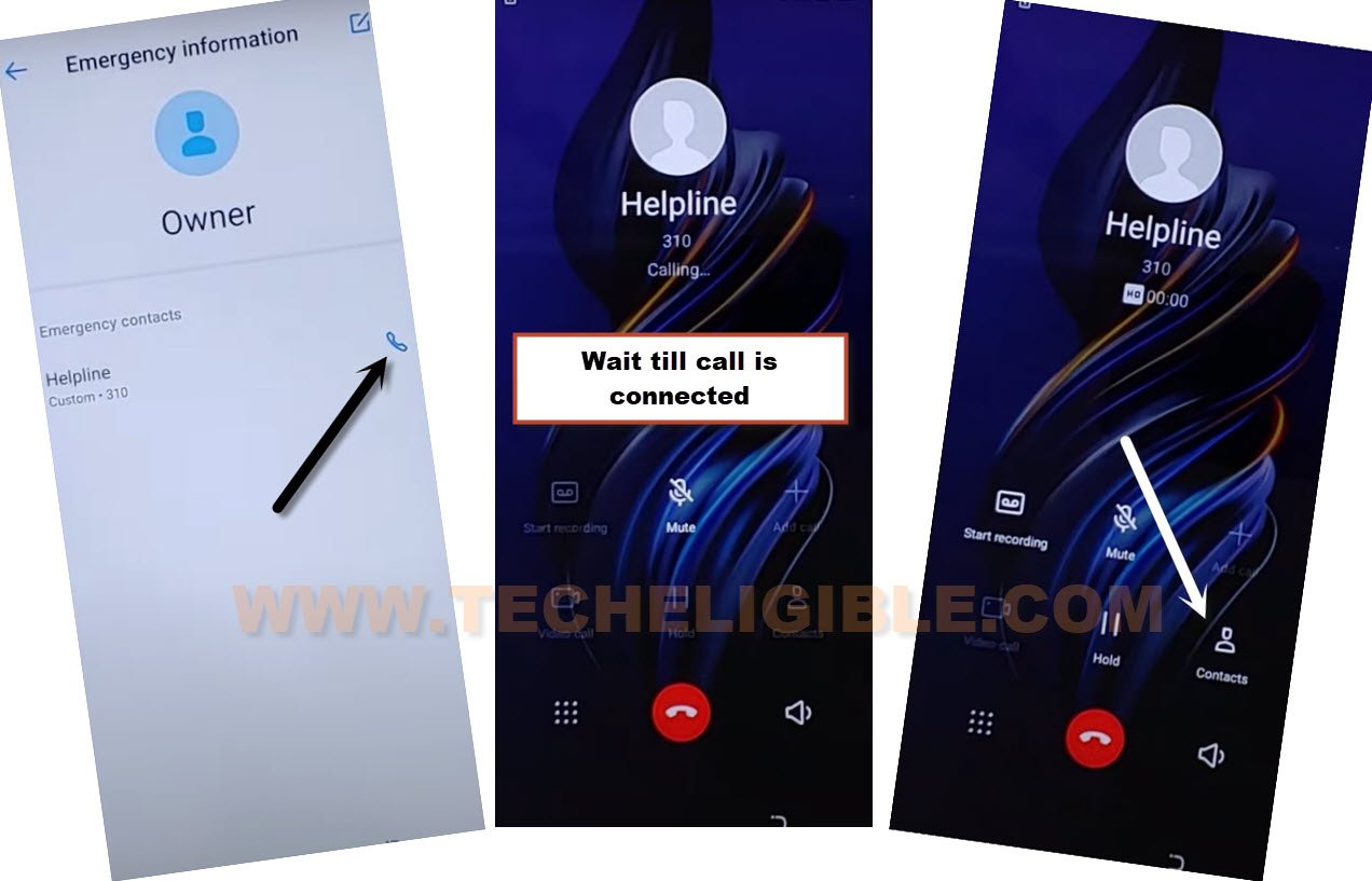 make call and tap on contacts to bypass frp all tecno Android 12