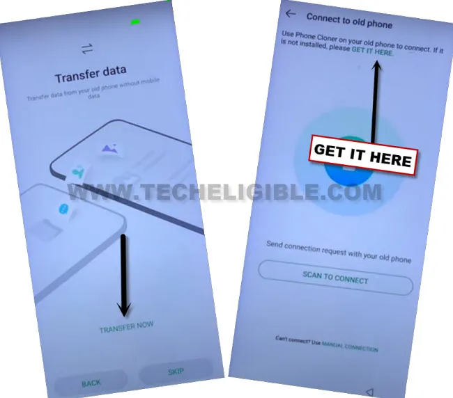 Tap to transfer now from transfer data screen to bypass frp Infinix Hot 20 5G