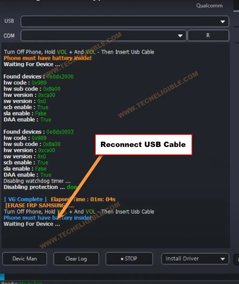 Reconnect USB cable after hitting on erase FRP Samsung from VG tool