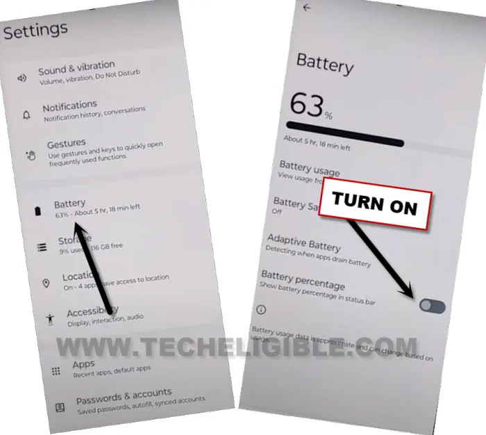 turn on battery percentage to bypass google account All Moto Android 13