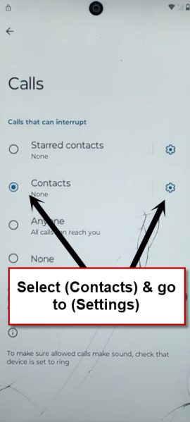 tap to contact and go to settings