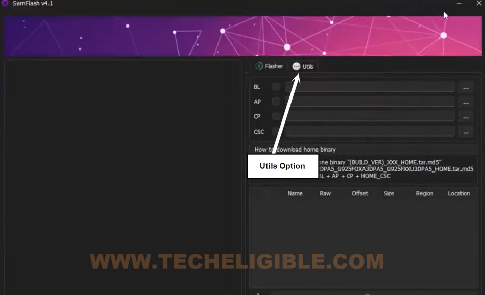 Go to utils options from Samflash tool to bypass frp Samsung A15