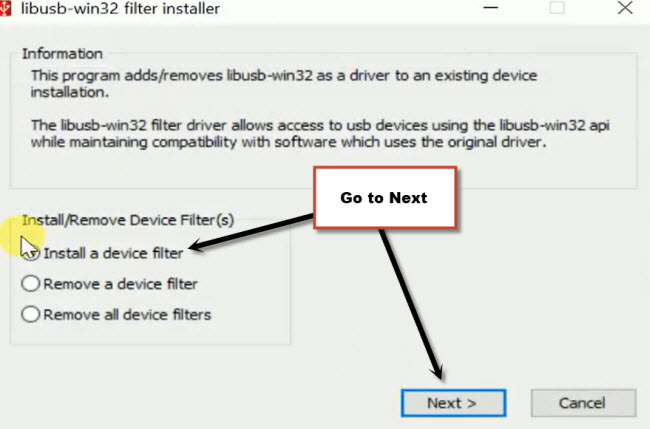 Install libUSB driver filter