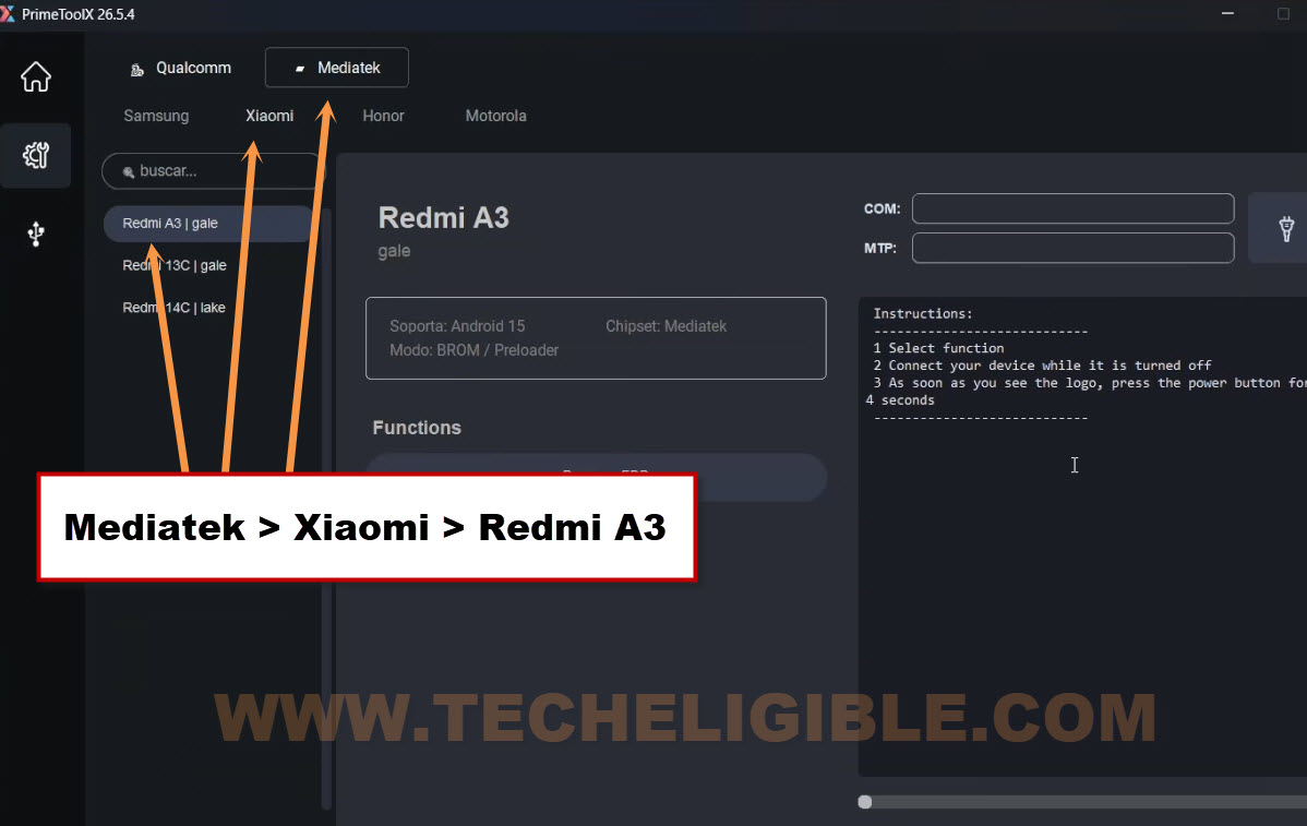 Choose mediatek and xiaomi Redmi A3 device in Prime Tool X